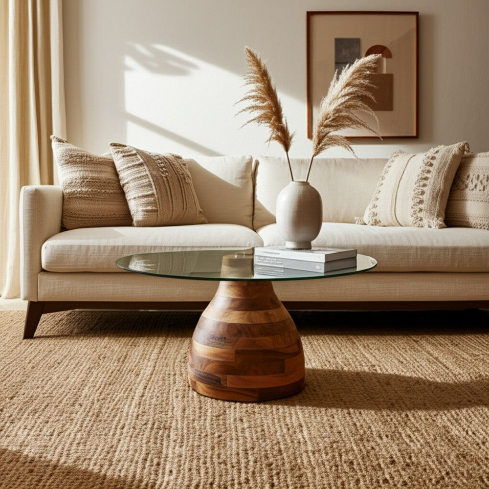 Coffee Table w 34" Round Glass Top | Striped Wood Pedestal Base