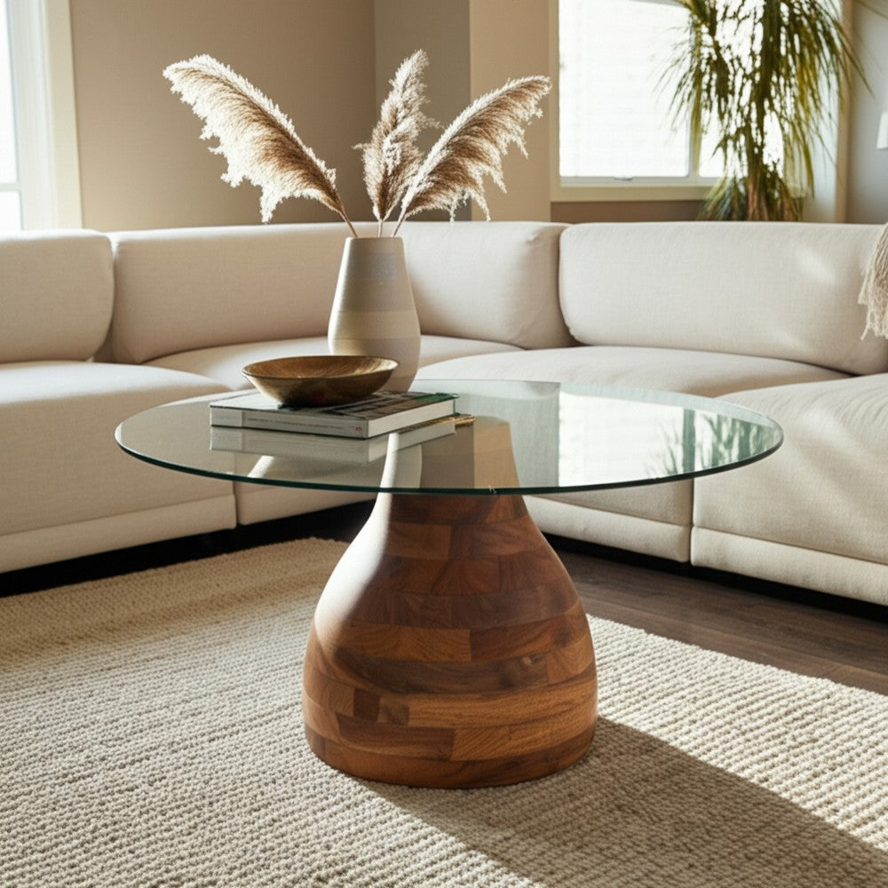 Coffee Table w 34" Round Glass Top | Striped Wood Pedestal Base