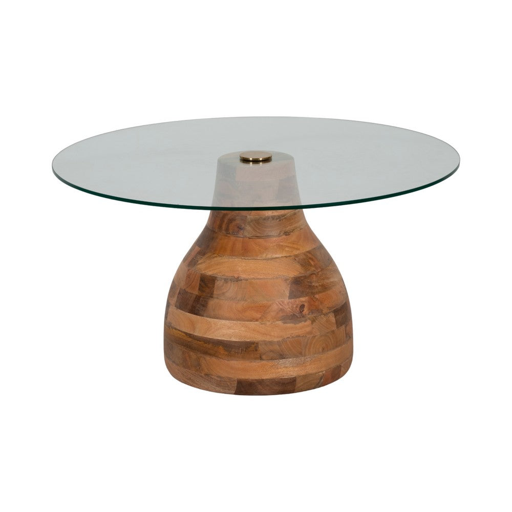 Coffee Table w 34" Round Glass Top | Striped Wood Pedestal Base