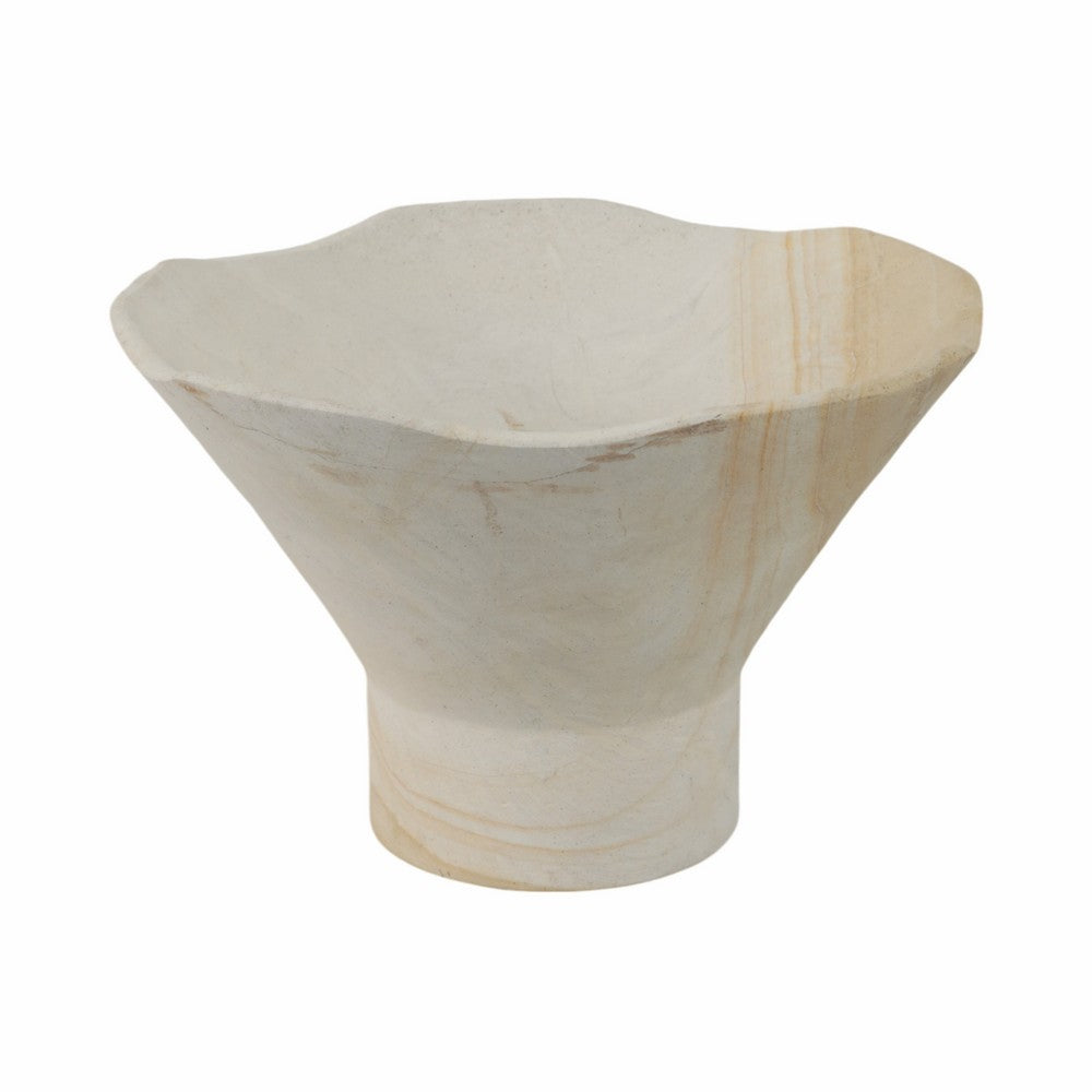 Decorative Pedestal Bowl w Subtle Wavy Rim | 9" | Tan Brown Sandstone