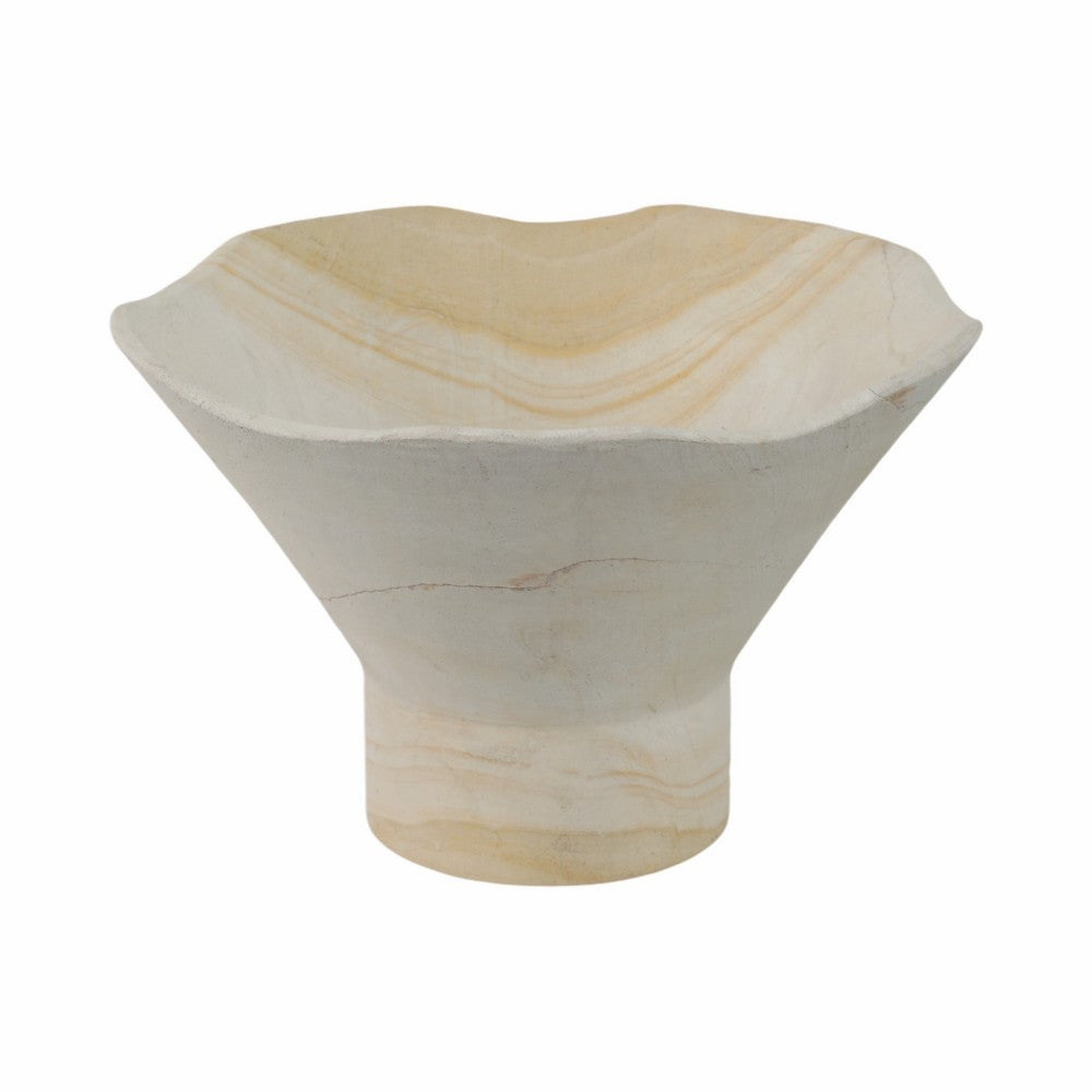 Decorative Pedestal Bowl w Subtle Wavy Rim | 9" | Tan Brown Sandstone