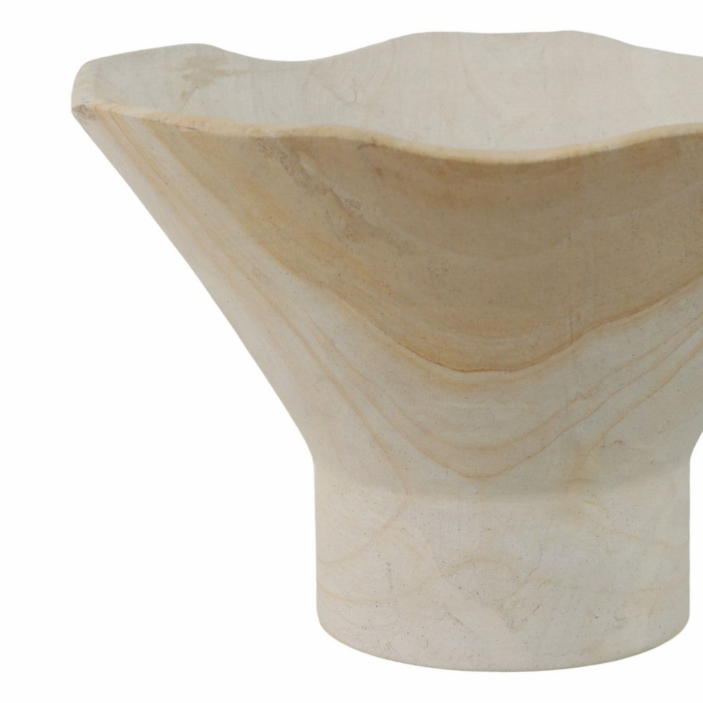 Decorative Pedestal Bowl w Subtle Wavy Rim | 9" | Tan Brown Sandstone