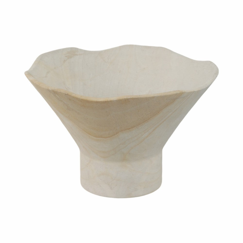 Decorative Pedestal Bowl w Subtle Wavy Rim | 9" | Tan Brown Sandstone