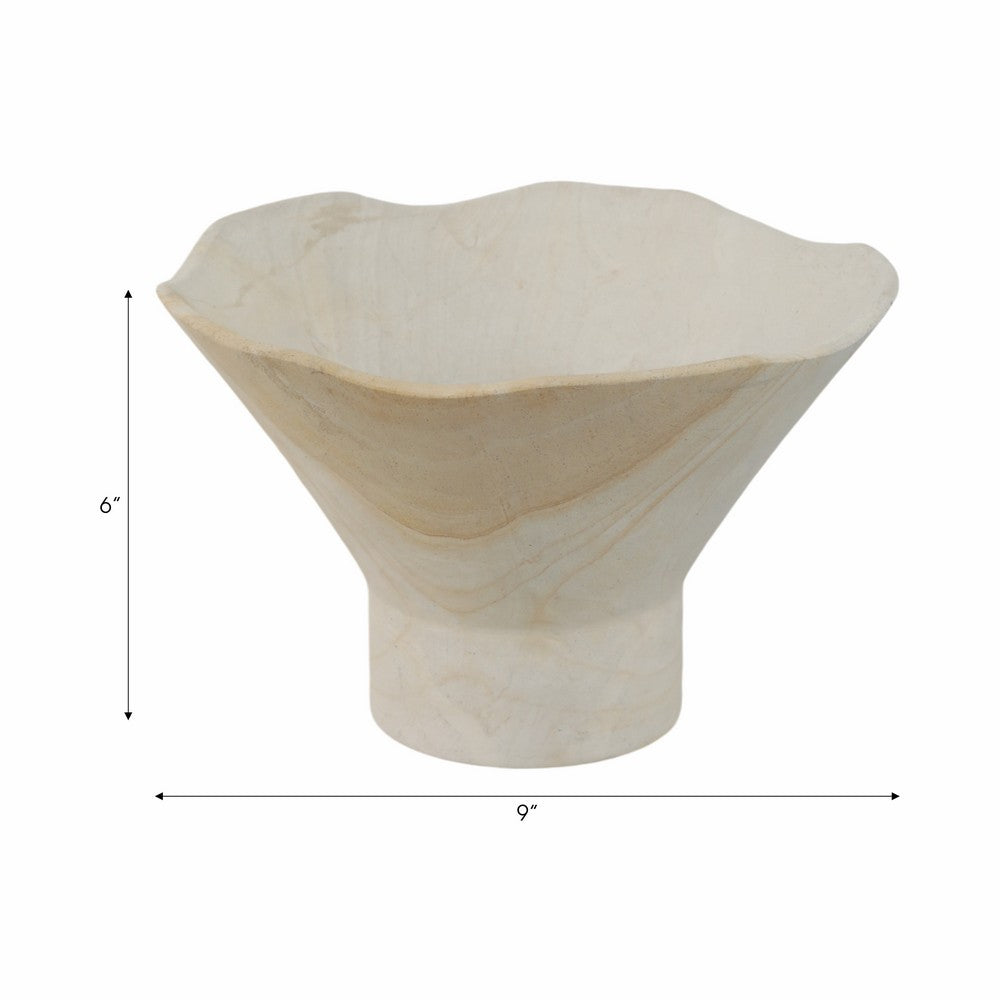 Decorative Pedestal Bowl w Subtle Wavy Rim | 9" | Tan Brown Sandstone