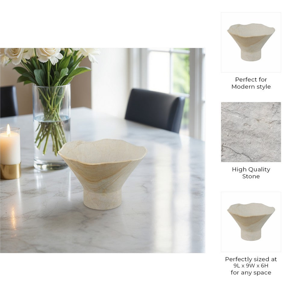 Decorative Pedestal Bowl w Subtle Wavy Rim | 9" | Tan Brown Sandstone