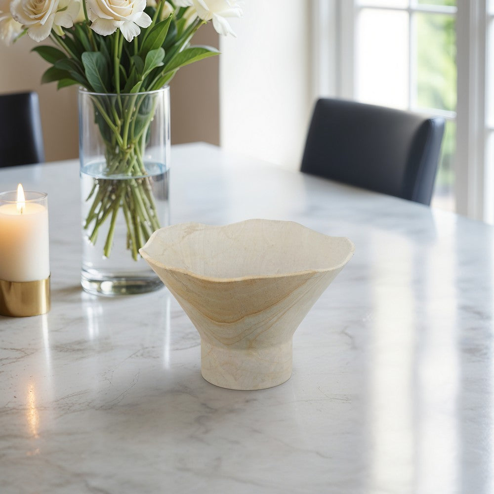 Decorative Pedestal Bowl w Subtle Wavy Rim | 9" | Tan Brown Sandstone