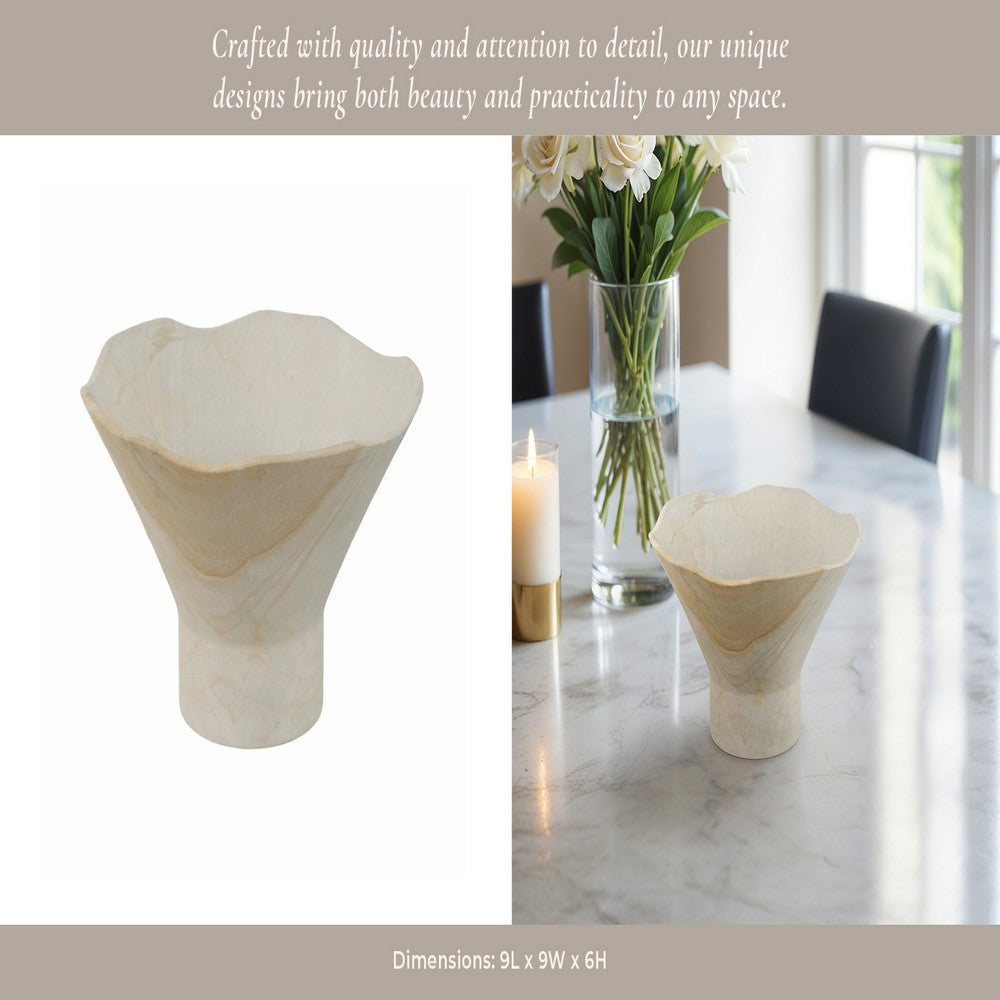 Decorative Pedestal Bowl w Subtle Wavy Rim | 9" | Tan Brown Sandstone
