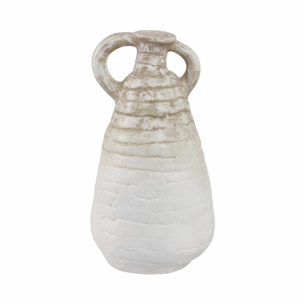 Slanted Amphora Vase with Ear Handles | Ivory Beige Ribbed Terracotta 18"