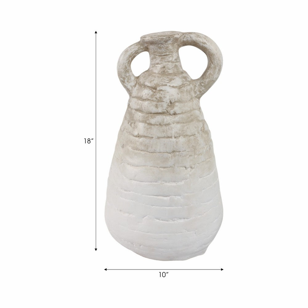 Slanted Amphora Vase with Ear Handles | Ivory Beige Ribbed Terracotta 18"