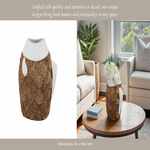 15" Handcrafted Woven Scale Terracotta Fish Vase | Ivory & Natural
