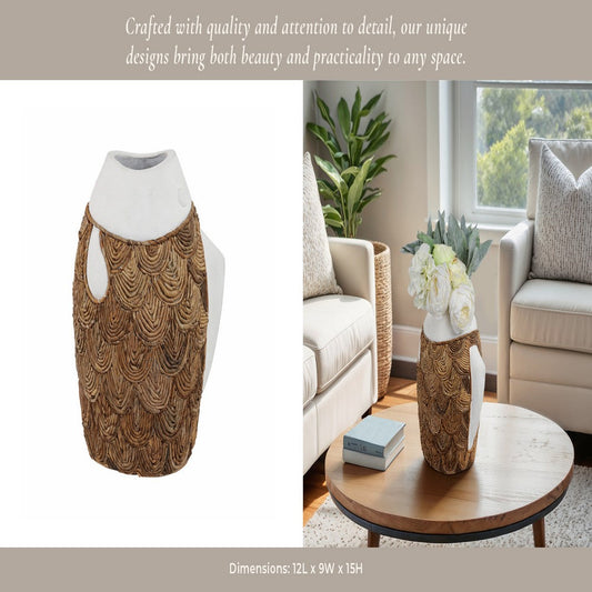 15" Handcrafted Woven Scale Terracotta Fish Vase | Ivory & Natural
