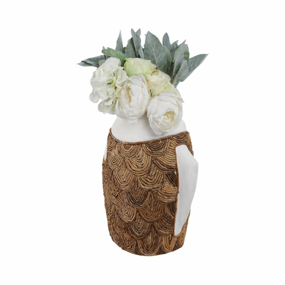 15" Handcrafted Woven Scale Terracotta Fish Vase | Ivory & Natural