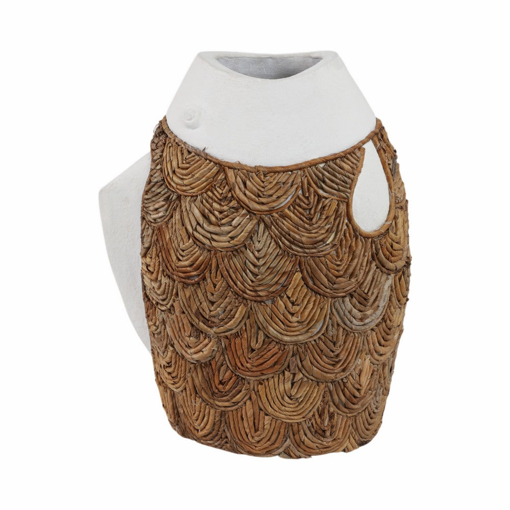 15" Handcrafted Woven Scale Terracotta Fish Vase | Ivory & Natural