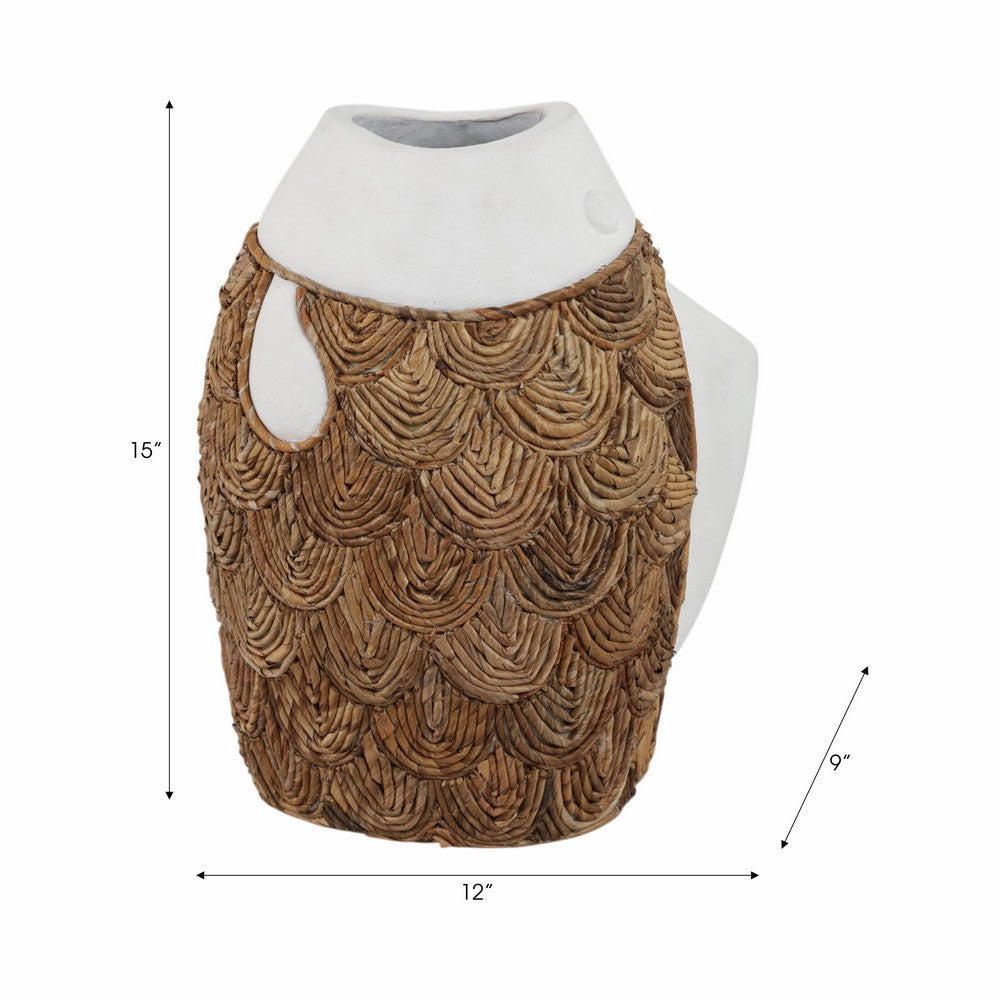 15" Handcrafted Woven Scale Terracotta Fish Vase | Ivory & Natural