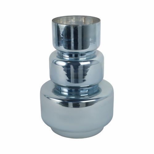 Stacked Cylinder Vase | Contemporary Silver Blue Glass Metallic Finish 12"