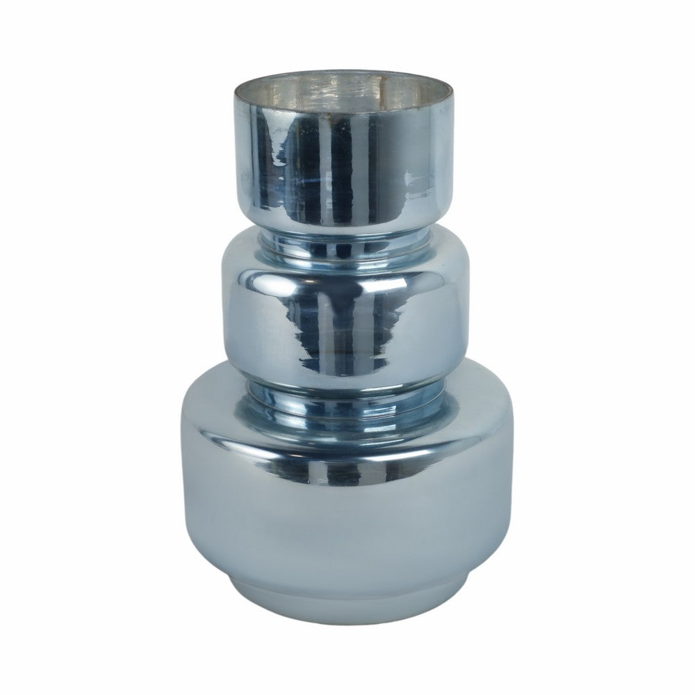 Stacked Cylinder Vase | Contemporary Silver Blue Glass Metallic Finish 12"