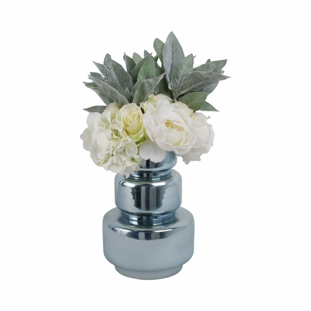 Stacked Cylinder Vase | Contemporary Silver Blue Glass Metallic Finish 12"