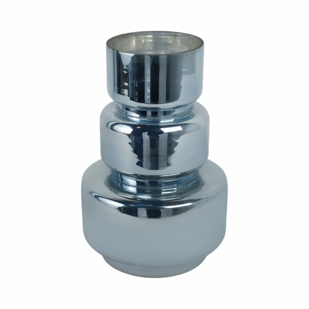 Stacked Cylinder Vase | Contemporary Silver Blue Glass Metallic Finish 12"
