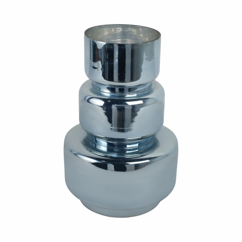 Stacked Cylinder Vase | Contemporary Silver Blue Glass Metallic Finish 12"