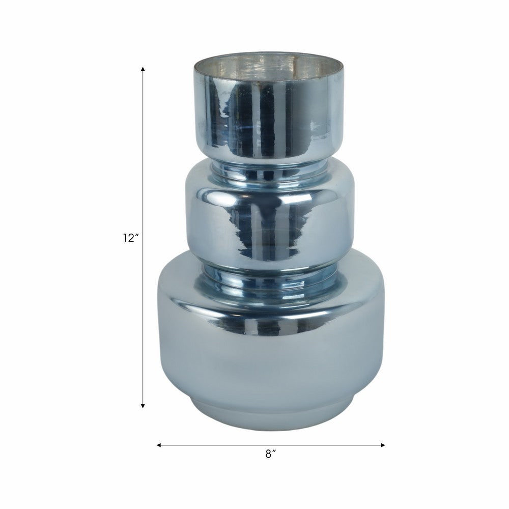 Stacked Cylinder Vase | Contemporary Silver Blue Glass Metallic Finish 12"