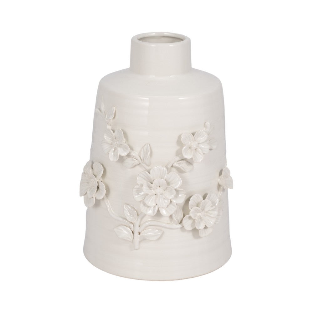 Decorative Vase | 3D Flower Accent Boho Style | 11" White Ceramic