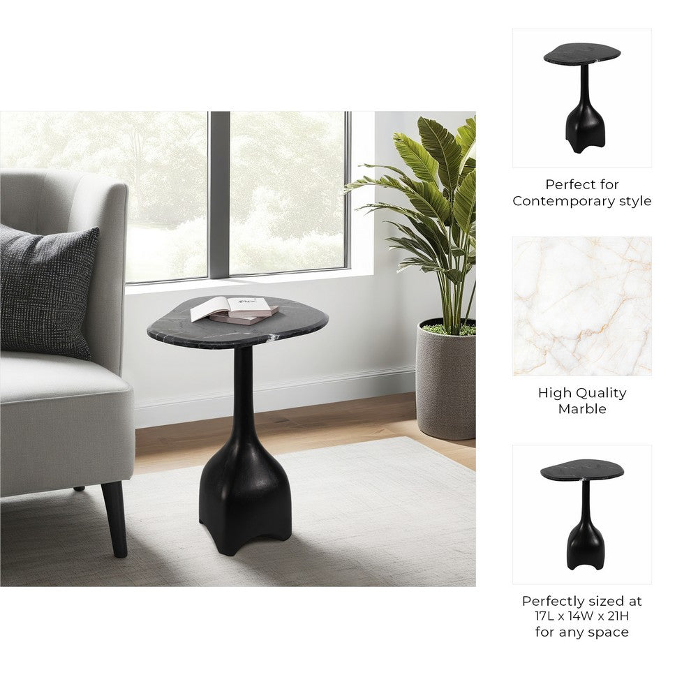 Accent Table | Sculpted Pedestal Base | Black Marble | 17" Curved Top
