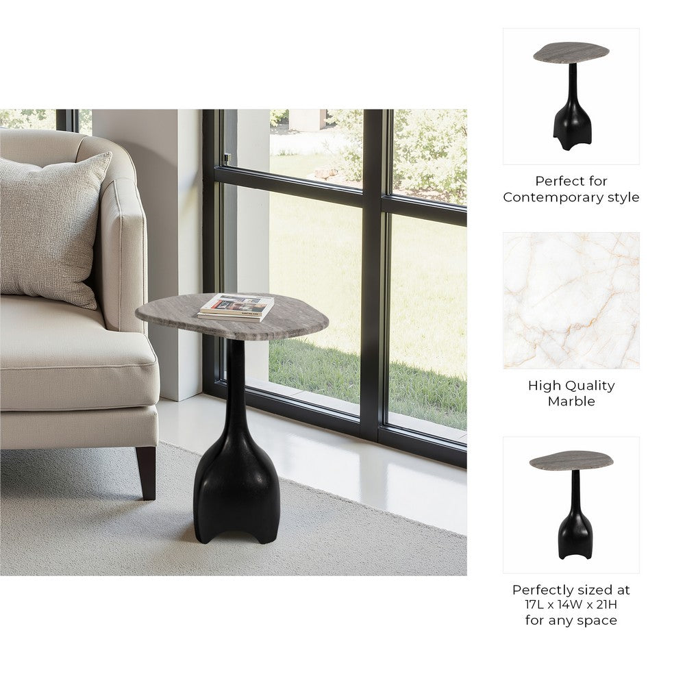 Accent Table | Curved Beige Marble on Black Metal Sculptural Base | 21"