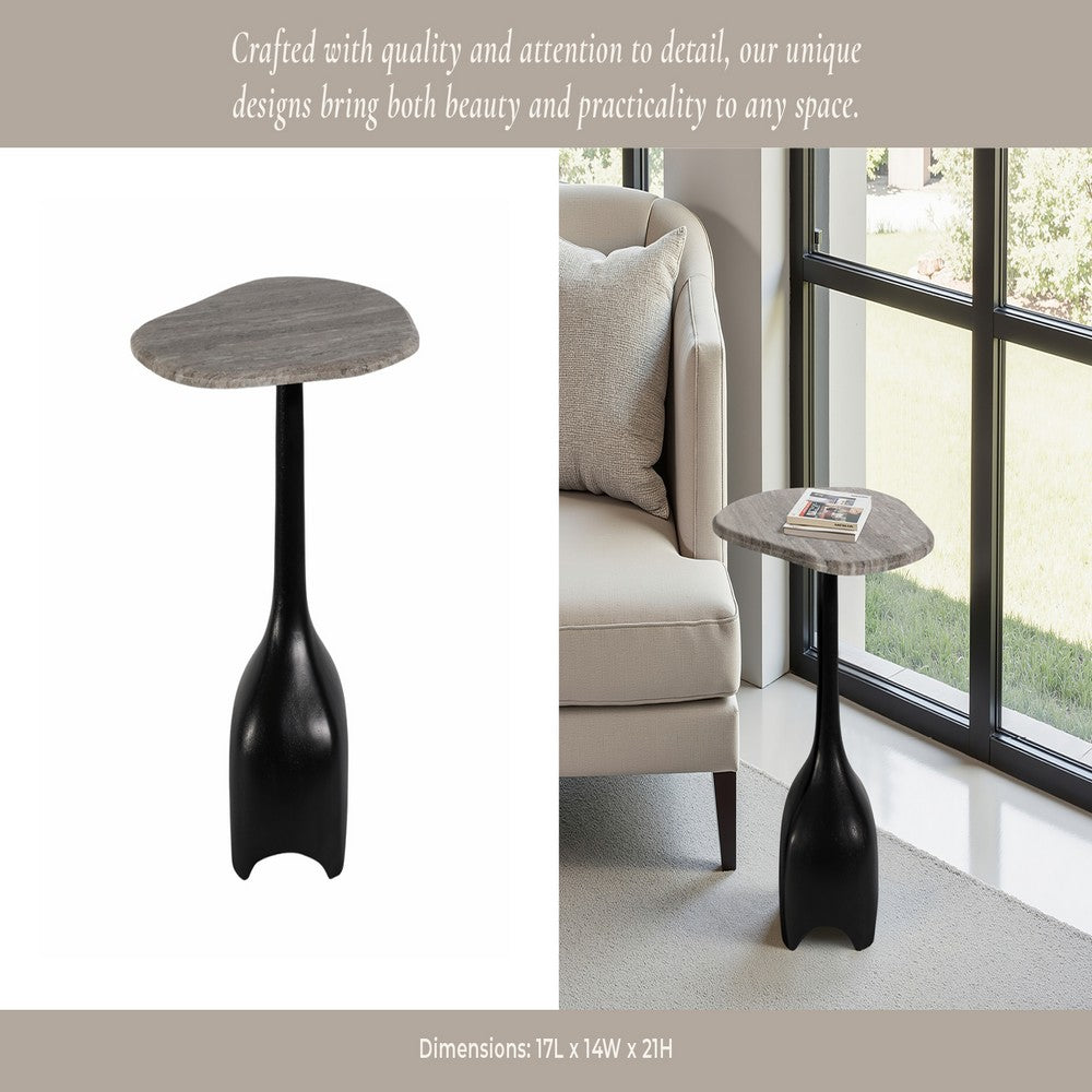 Accent Table | Curved Beige Marble on Black Metal Sculptural Base | 21"