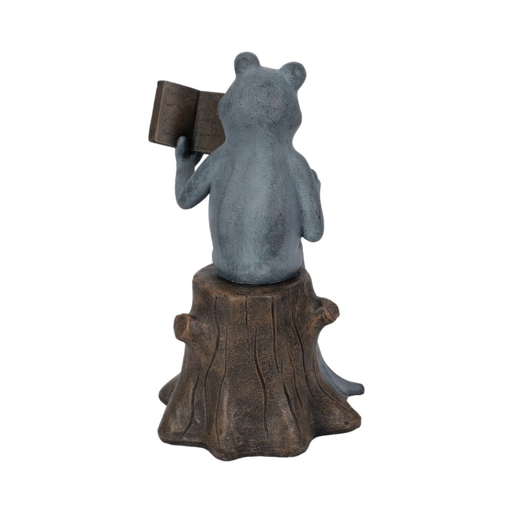 Frog on Stump Figurine with Book & Teacup | Gray Brown Polyresin 13"