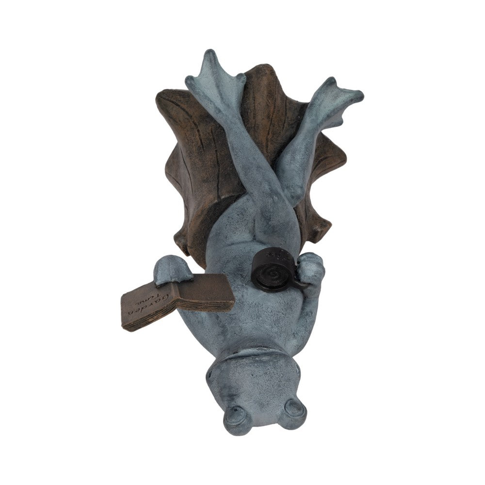 Frog on Stump Figurine with Book & Teacup | Gray Brown Polyresin 13"