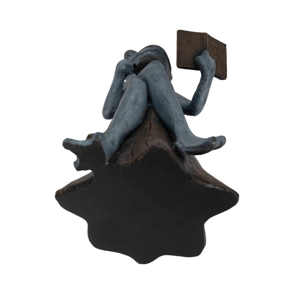 Frog on Stump Figurine with Book & Teacup | Gray Brown Polyresin 13"