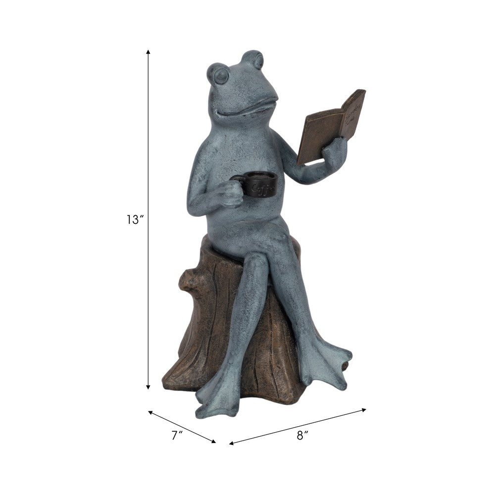 Frog on Stump Figurine with Book & Teacup | Gray Brown Polyresin 13"