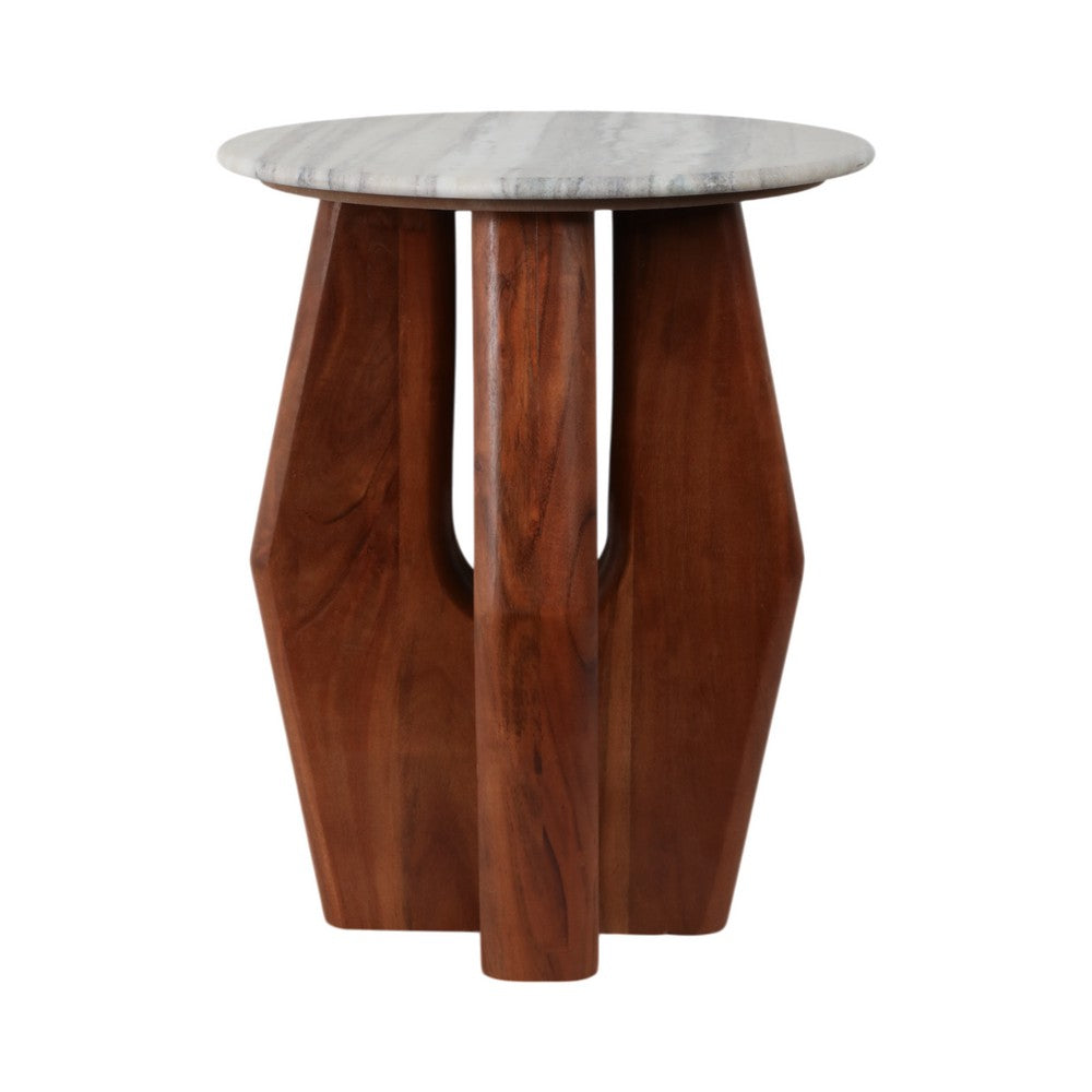 Side End Table | 16" Round White Marble Top | Brown Mango Wood Legs
