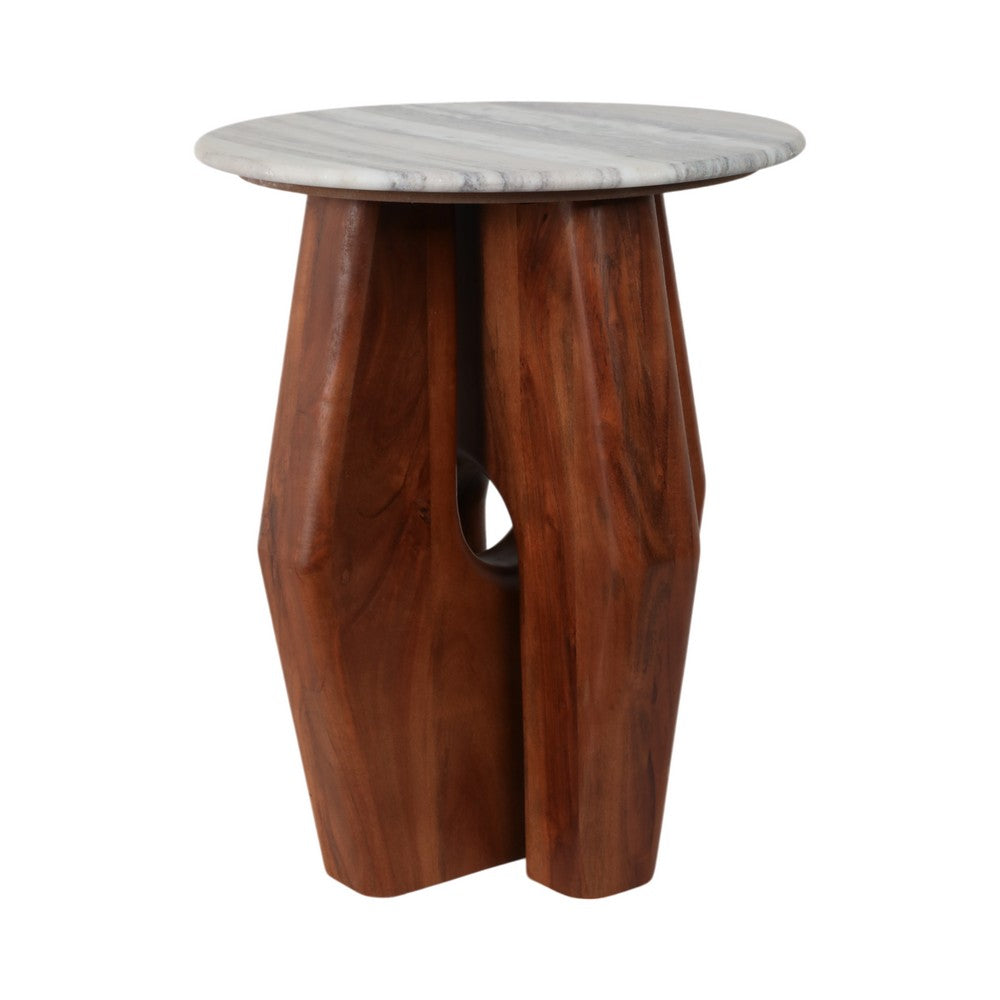 Side End Table | 16" Round White Marble Top | Brown Mango Wood Legs