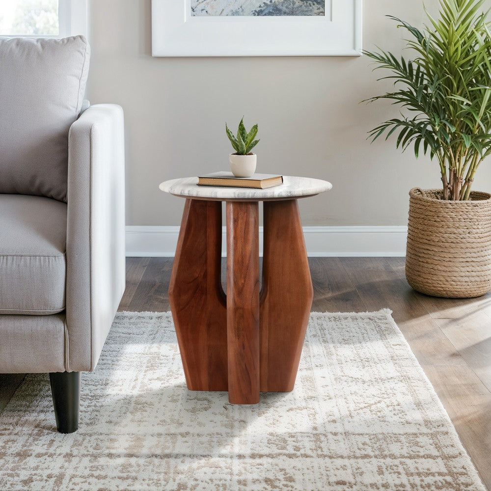 Side End Table | 16" Round White Marble Top | Brown Mango Wood Legs