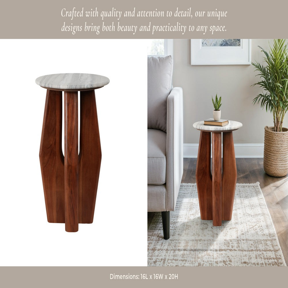 Side End Table | 16" Round White Marble Top | Brown Mango Wood Legs