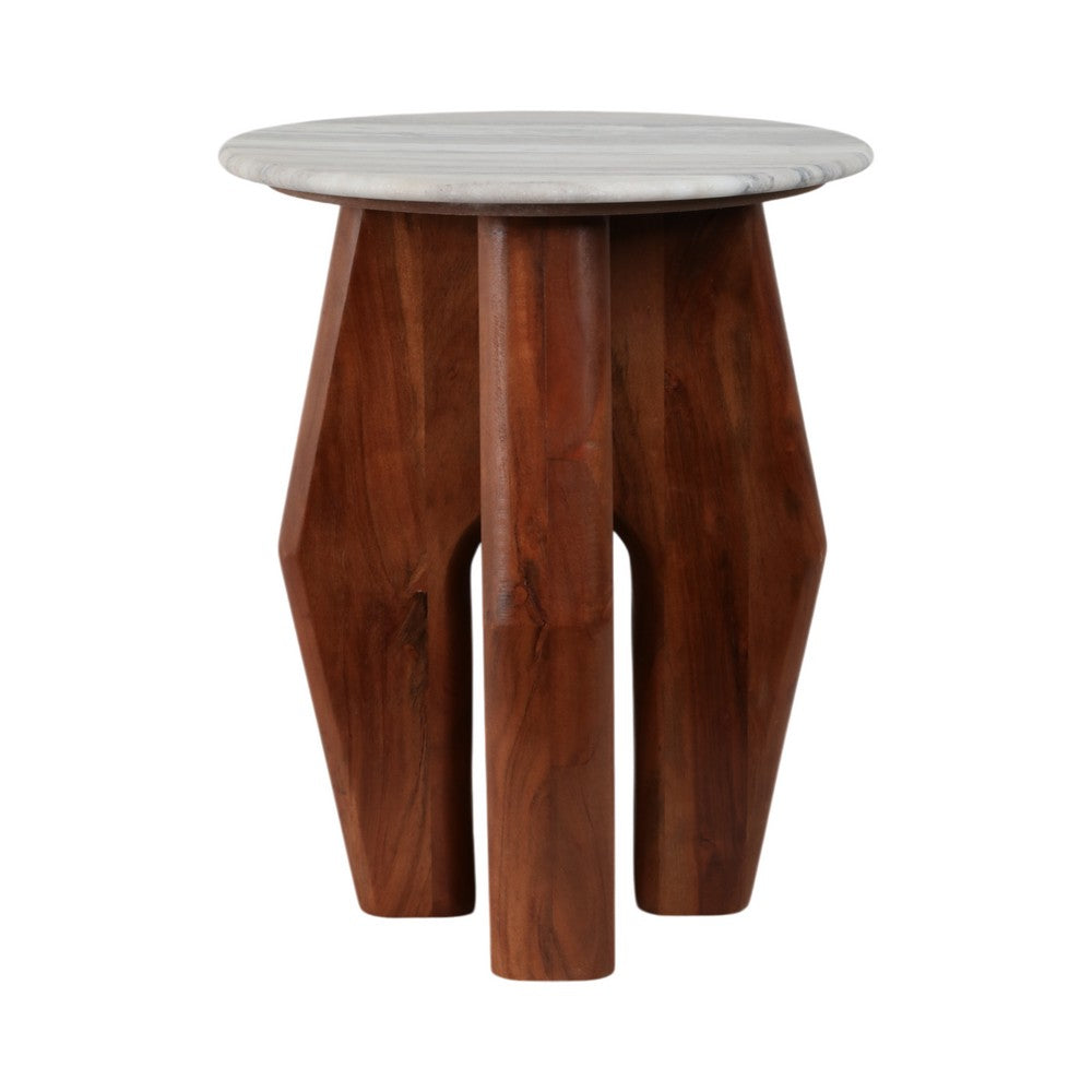 Side End Table | 16" Round White Marble Top | Brown Mango Wood Legs