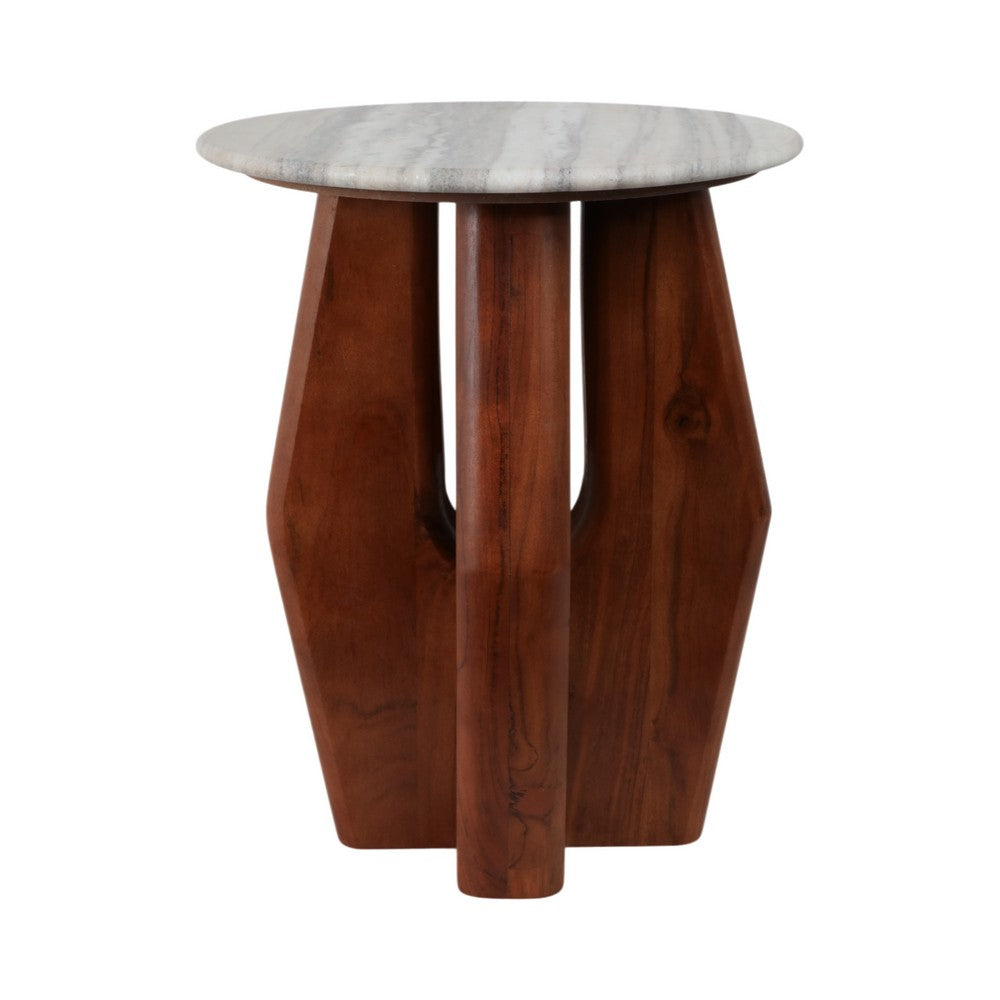 Side End Table | 16" Round White Marble Top | Brown Mango Wood Legs