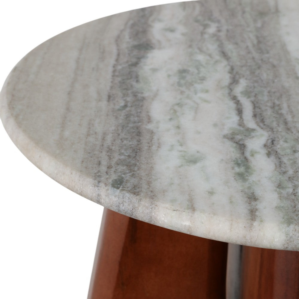 Side End Table | 16" Round White Marble Top | Brown Mango Wood Legs