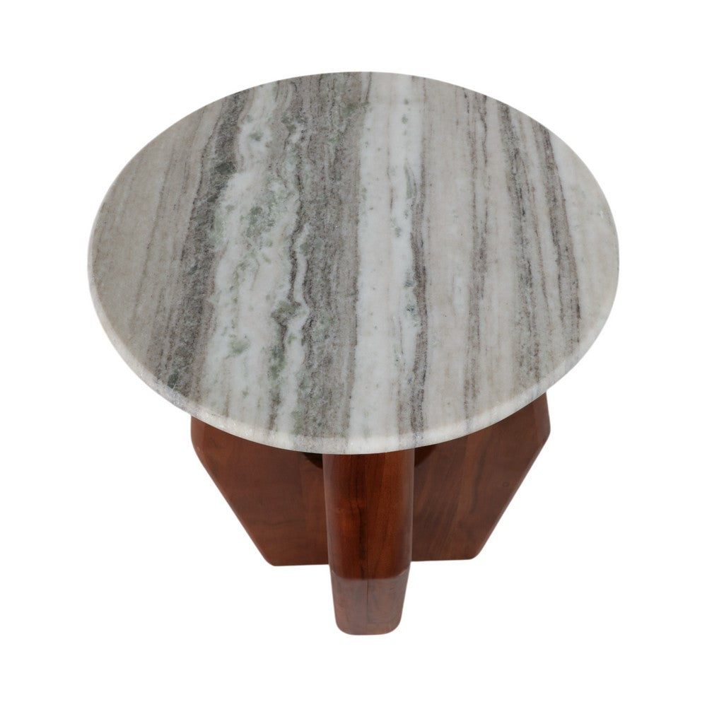 Side End Table | 16" Round White Marble Top | Brown Mango Wood Legs