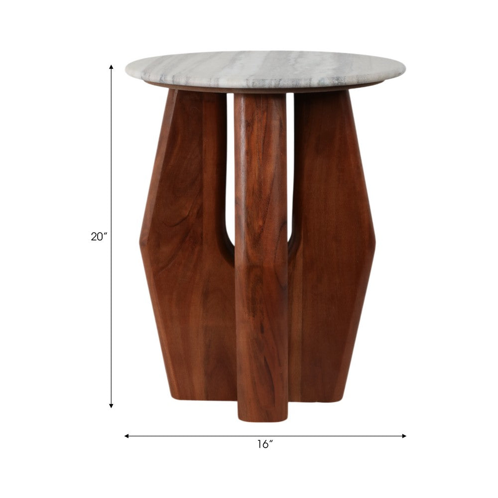 Side End Table | 16" Round White Marble Top | Brown Mango Wood Legs