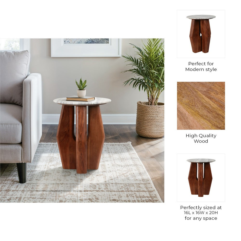 Side End Table | 16" Round White Marble Top | Brown Mango Wood Legs