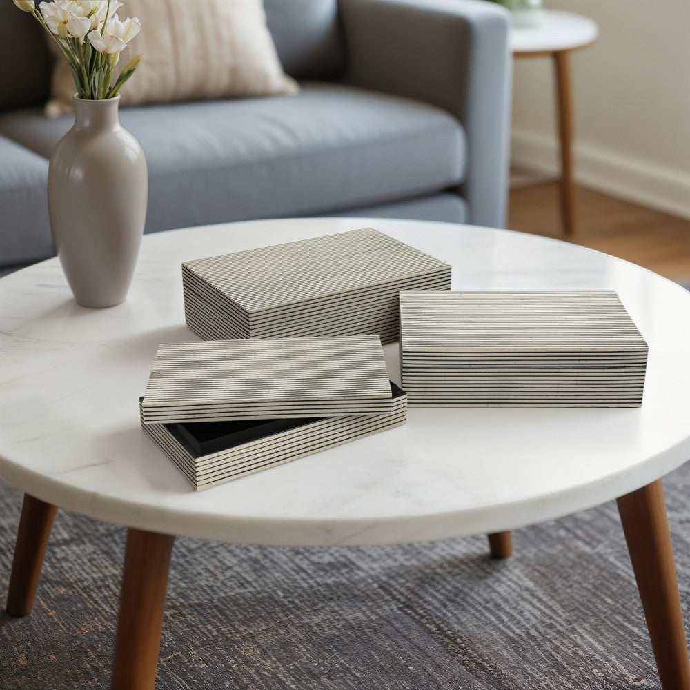 Decorative Box | Set of 3 | Ridged Resin Design | White & Black