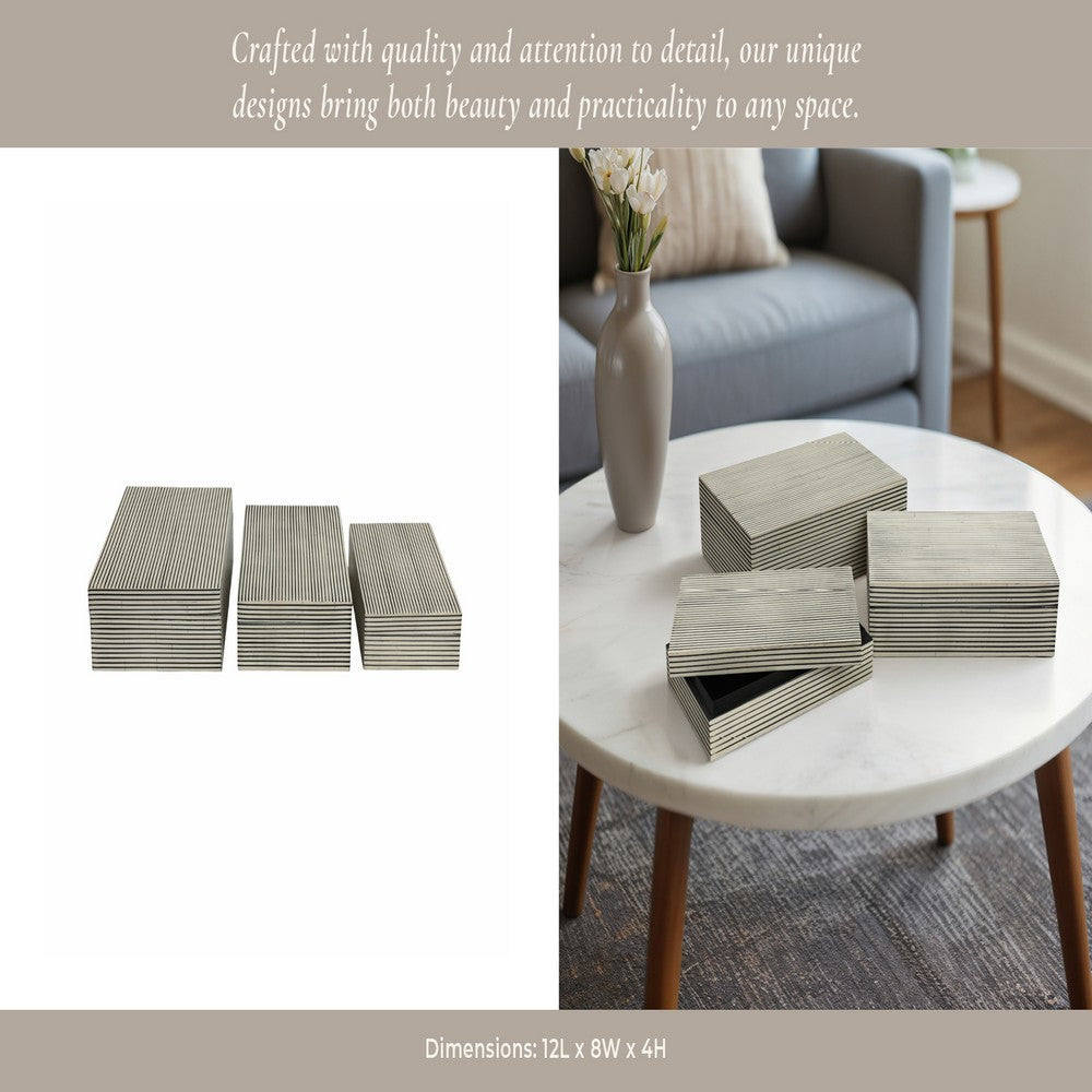 Decorative Box | Set of 3 | Ridged Resin Design | White & Black