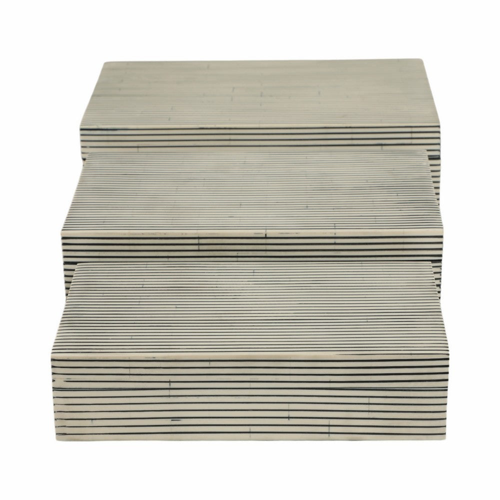 Decorative Box | Set of 3 | Ridged Resin Design | White & Black