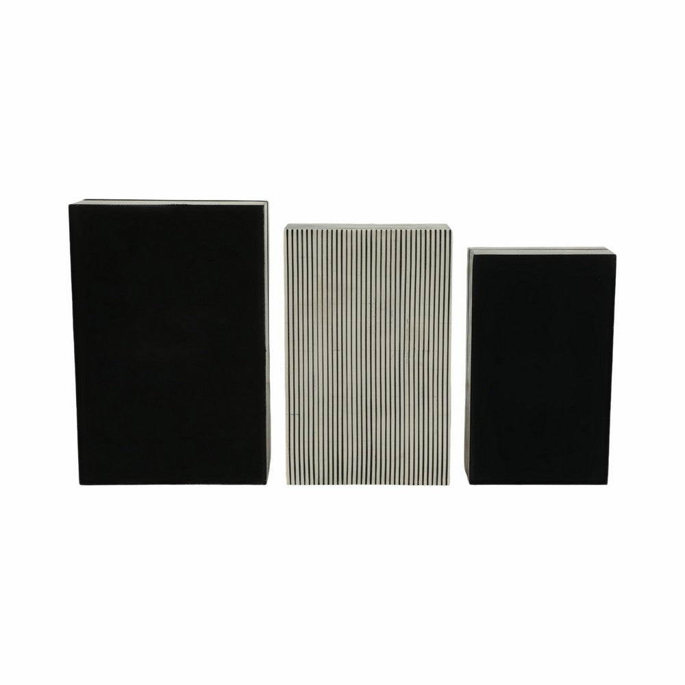 Decorative Box | Set of 3 | Ridged Resin Design | White & Black