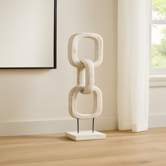 Abstract Chain Link Sculpture on a Stand | Decorative White Teak Wood