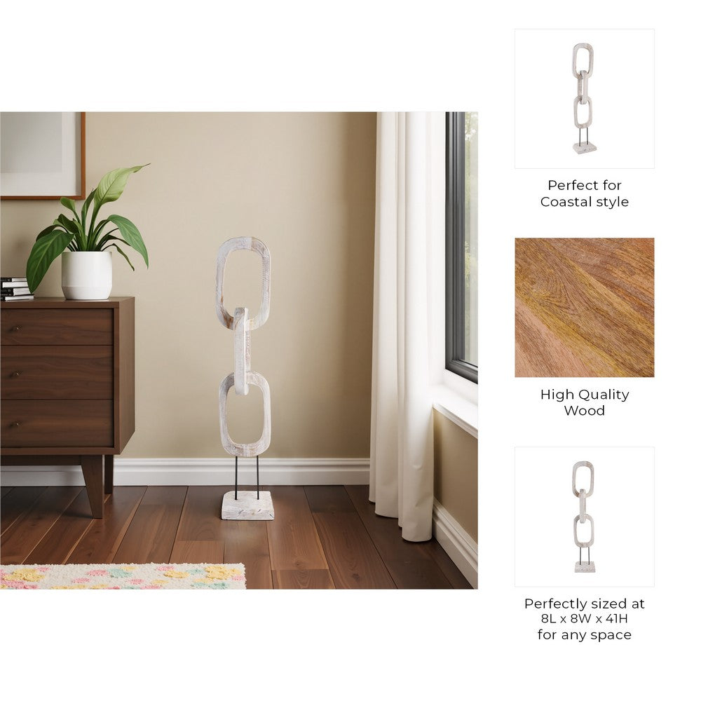 Abstract Chain Link Sculpture on a Stand | Decorative White Teak Wood