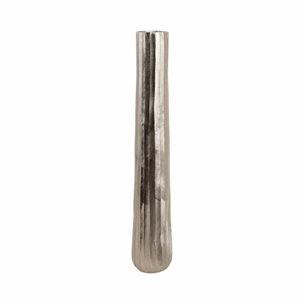 Decorative Floor Vase | Tall Rounded 35" Etched Silver Aluminum Finish