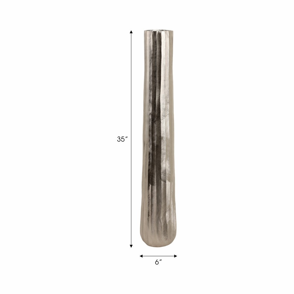 Decorative Floor Vase | Tall Rounded 35" Etched Silver Aluminum Finish